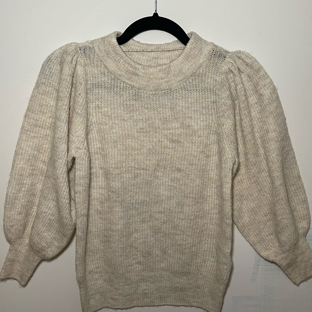 PUFF SHOULDER KNIT OATMEAL WOOL BLEND SWEATER XS